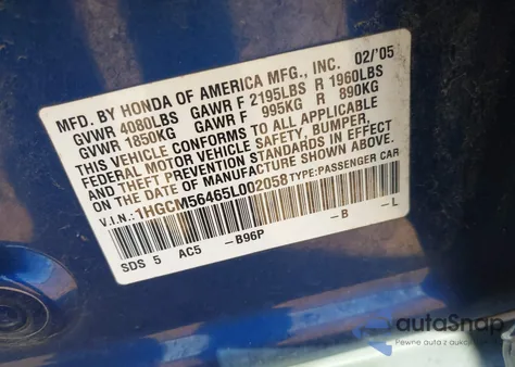 2005 Honda Accord 2.4 Lx из США, поврежденный, VIN 1HGCM56465L002058